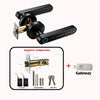 A black smart fingerprint door handle lock mechanism and a corresponding gateway device for app control.