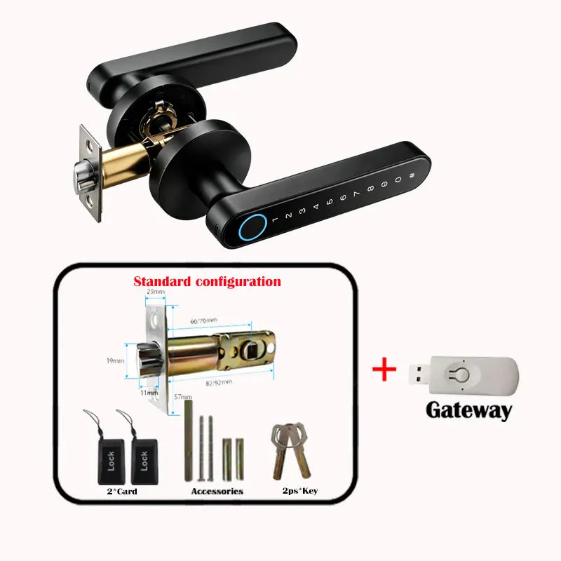 A black smart fingerprint door handle lock mechanism and a corresponding gateway device for app control.