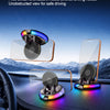 A transparent wireless car charger mount with an RGB ambient light is shown installed in a car dashboard.