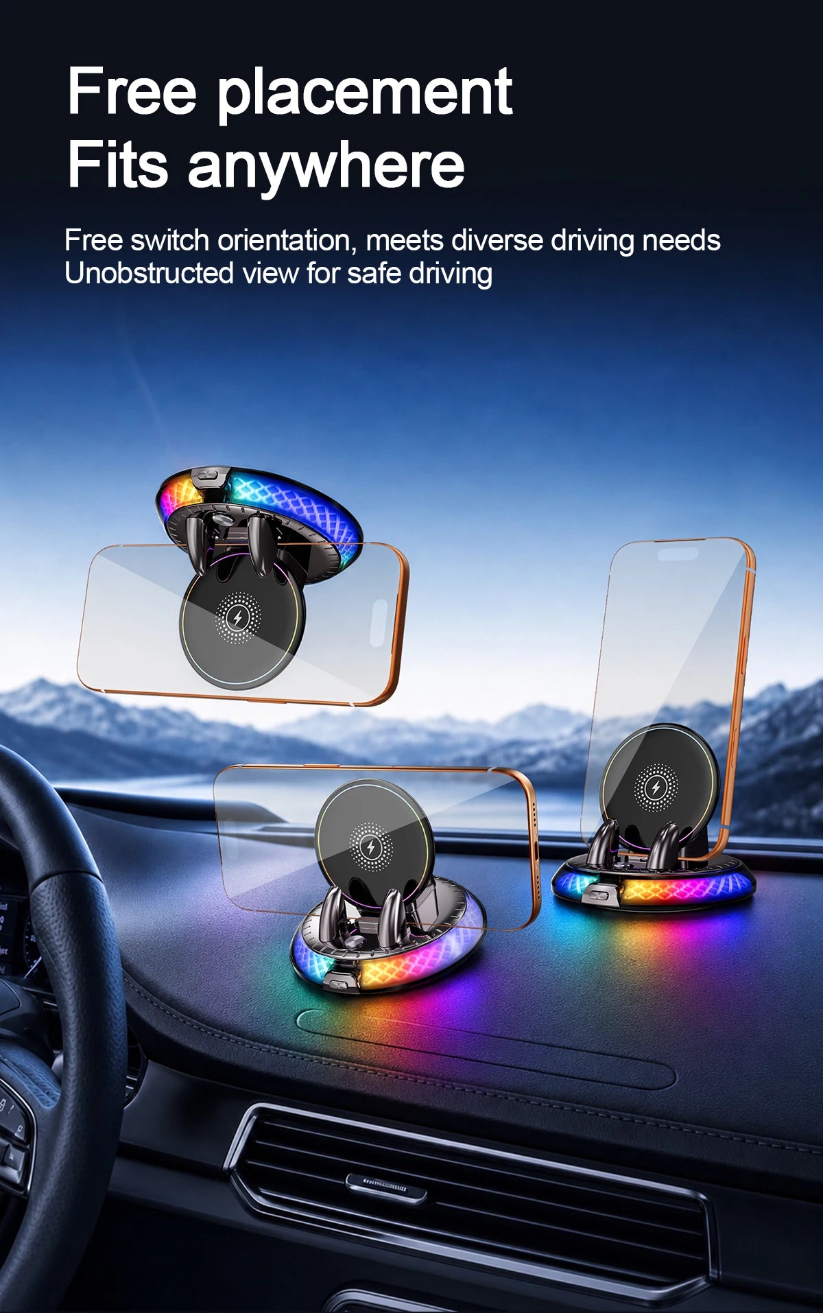 A transparent wireless car charger mount with an RGB ambient light is shown installed in a car dashboard.