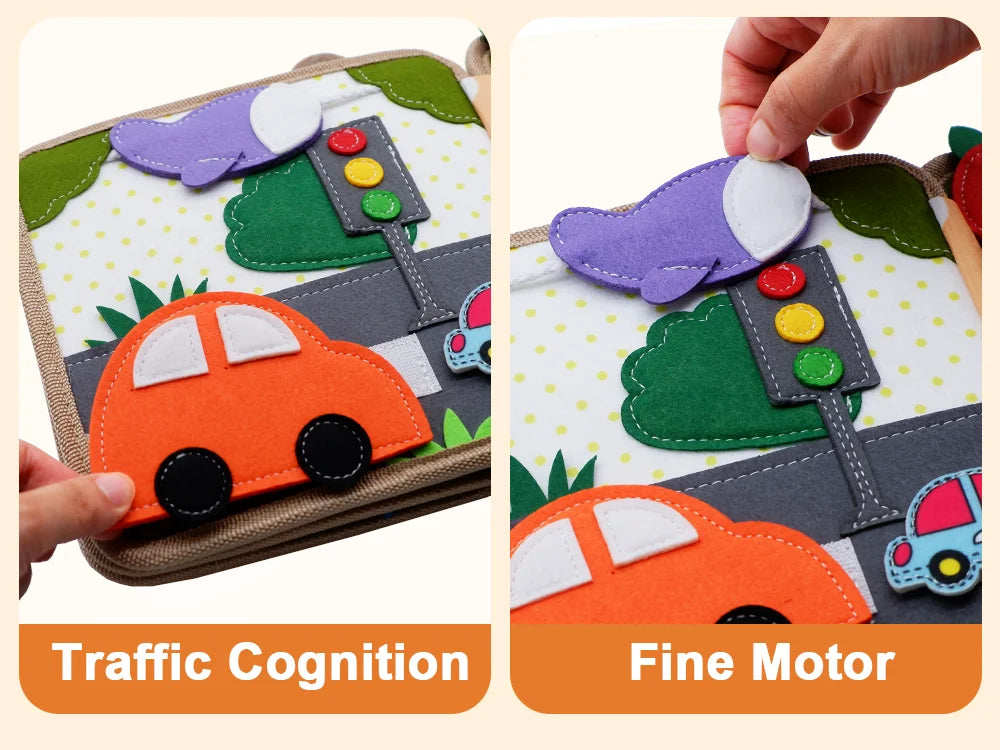 A Montessori giraffe busy board showing traffic cognition and fine motor activities with colorful shapes on a wooden board.
