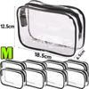 A clear PVC travel makeup and toiletry organizer bag with a zipper shown in various configurations.