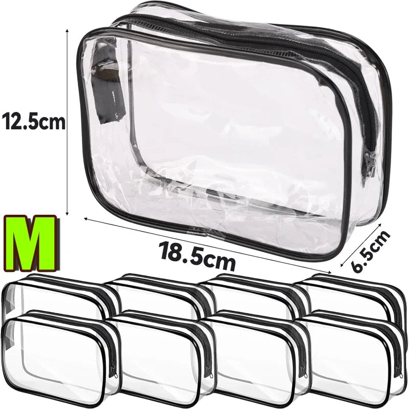 A clear PVC travel makeup and toiletry organizer bag with a zipper shown in various configurations.