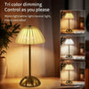 A tri-color dimming table lamp with a gold finish, showing warm light, white light, and neutral light settings.