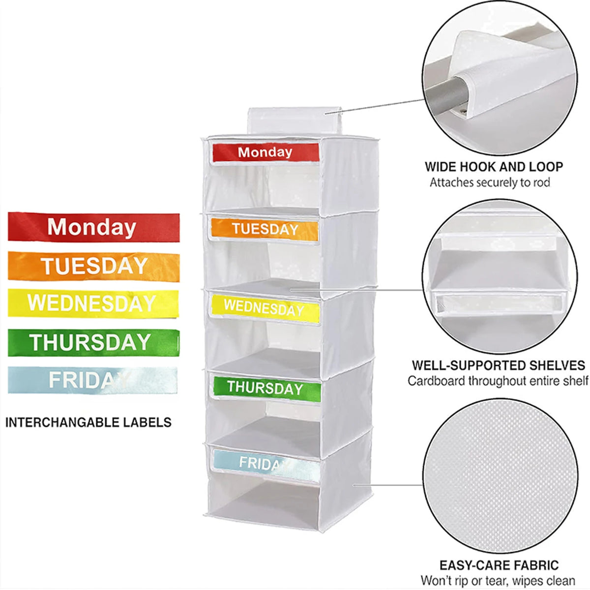 A 5-layer hanging closet organizer with interchangeable labels for daily pockets and a wide hook and loop attachment.