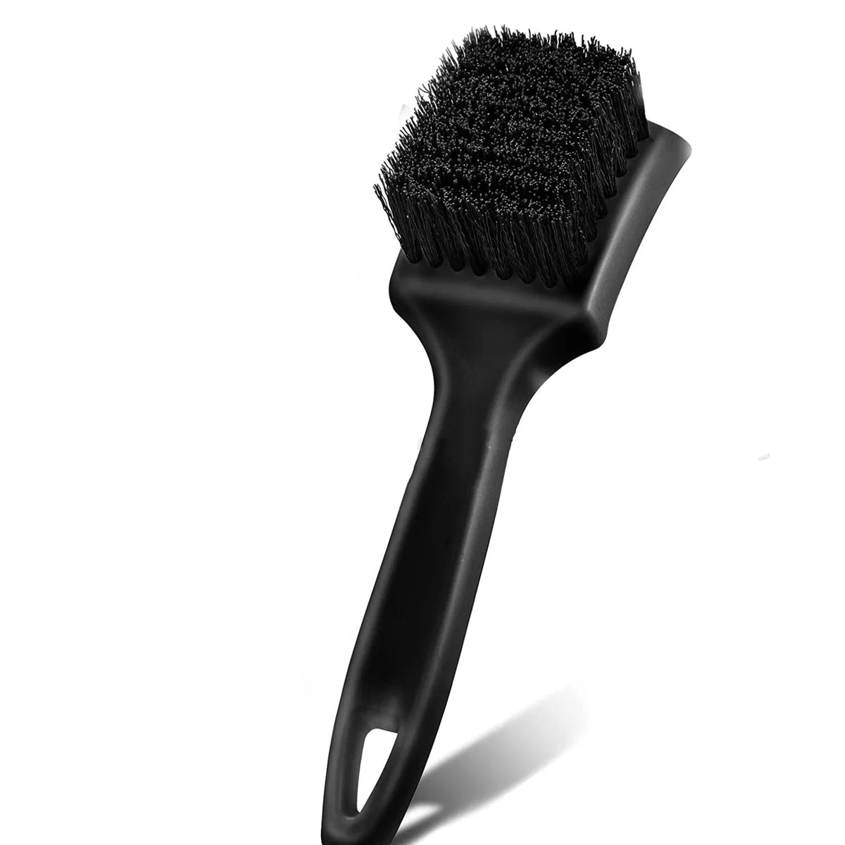 A black heavy-duty tire and wheel cleaning brush with a handle.