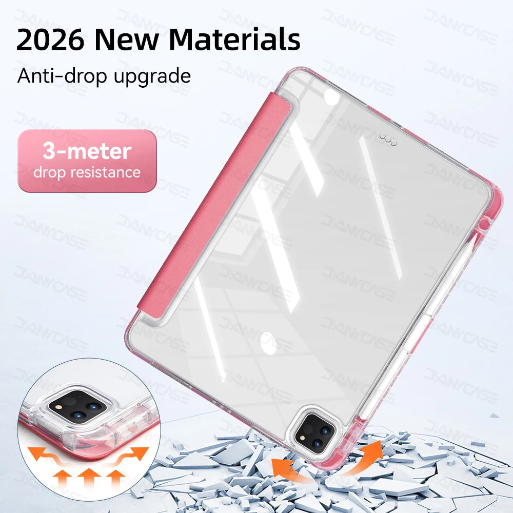Clear acrylic anti-drop phone case demonstrating 3-meter drop resistance against shattered material