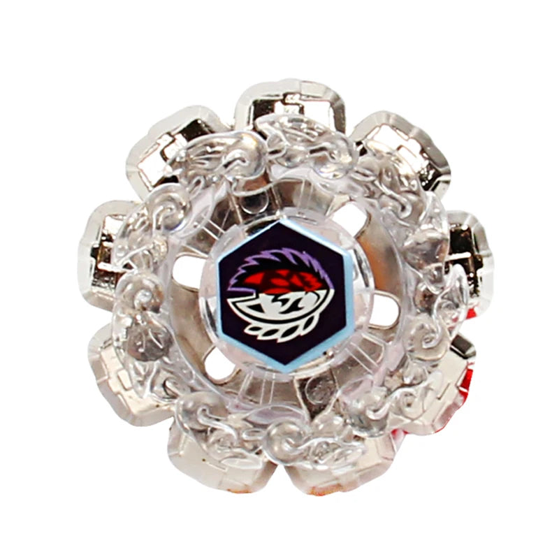A clear plastic spinning top with a hexagonal emblem featuring a stylized red and black design.