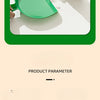 A green compact cartoon broom and dustpan set is shown on a white surface.