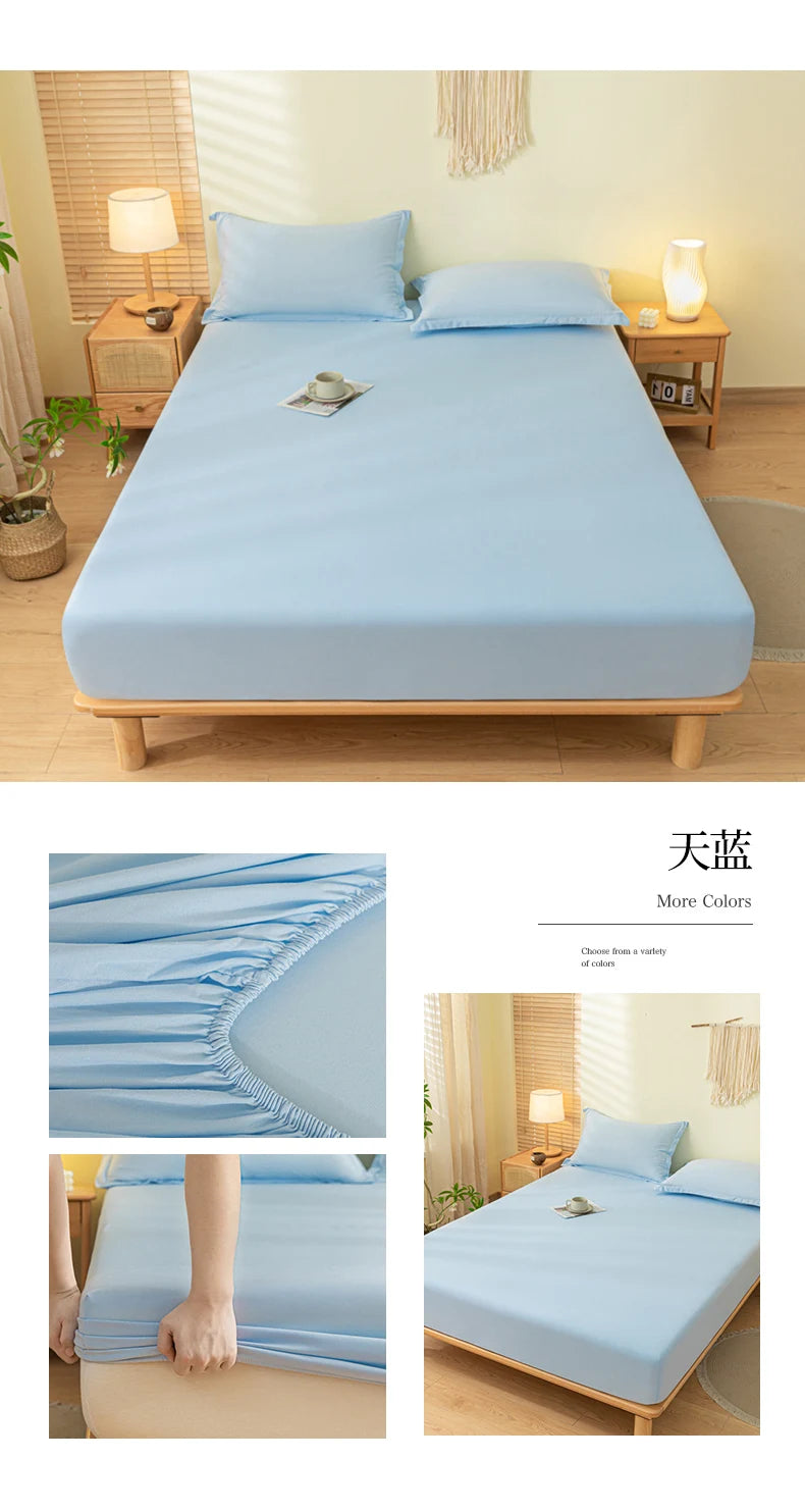 Light blue soft brushed fitted sheet displayed on a bed with natural wood accents.