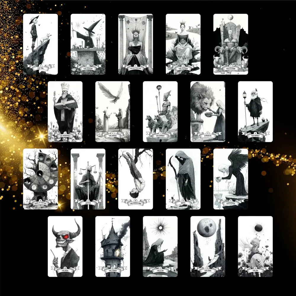 A collection of 12 tarot cards featuring various mystical figures and scenes.