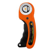 Orange rotary cutter sewing kit with cutting mat, ruler, and spare blades