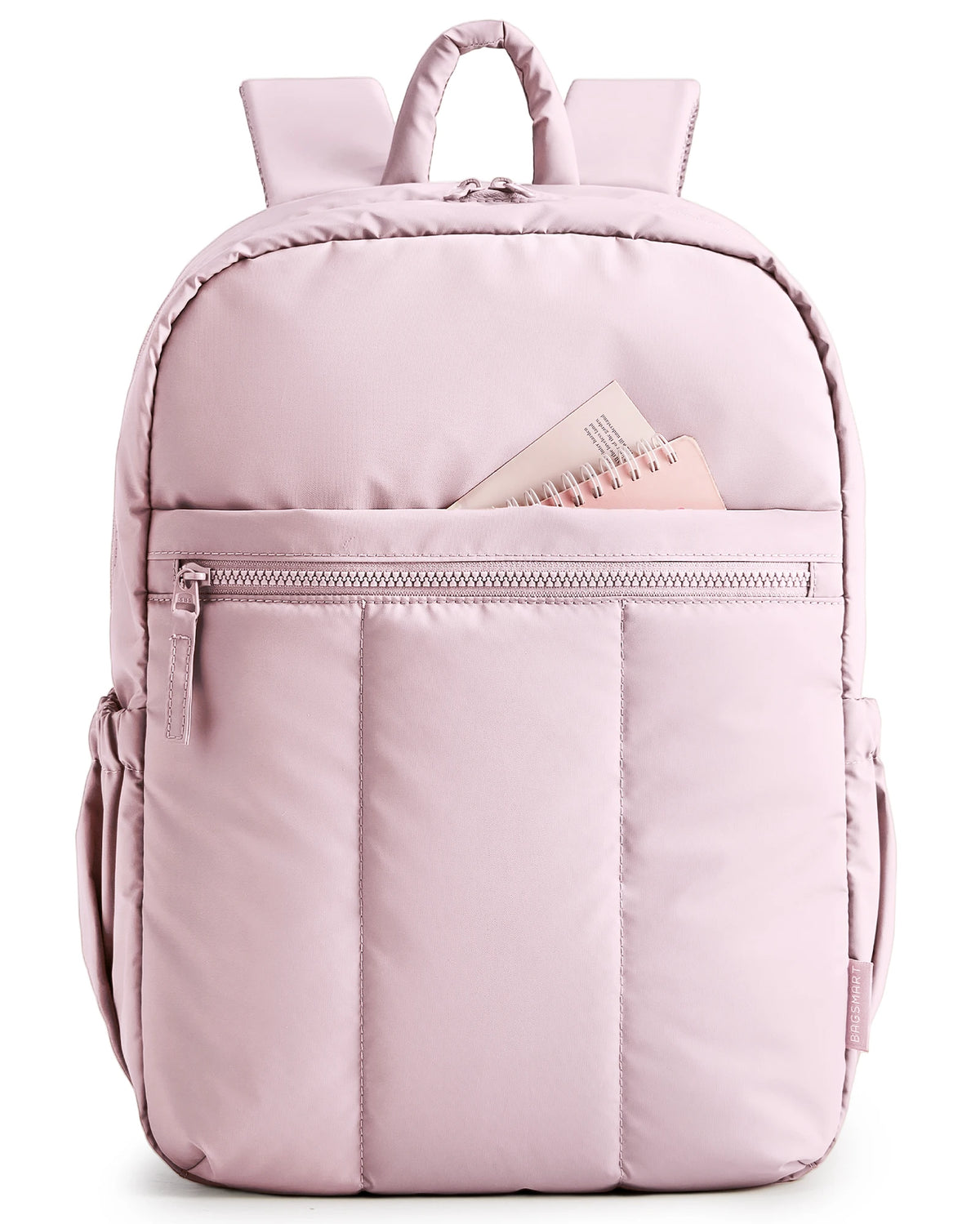 A pink padded laptop backpack with a zipper and straps is shown from the front.
