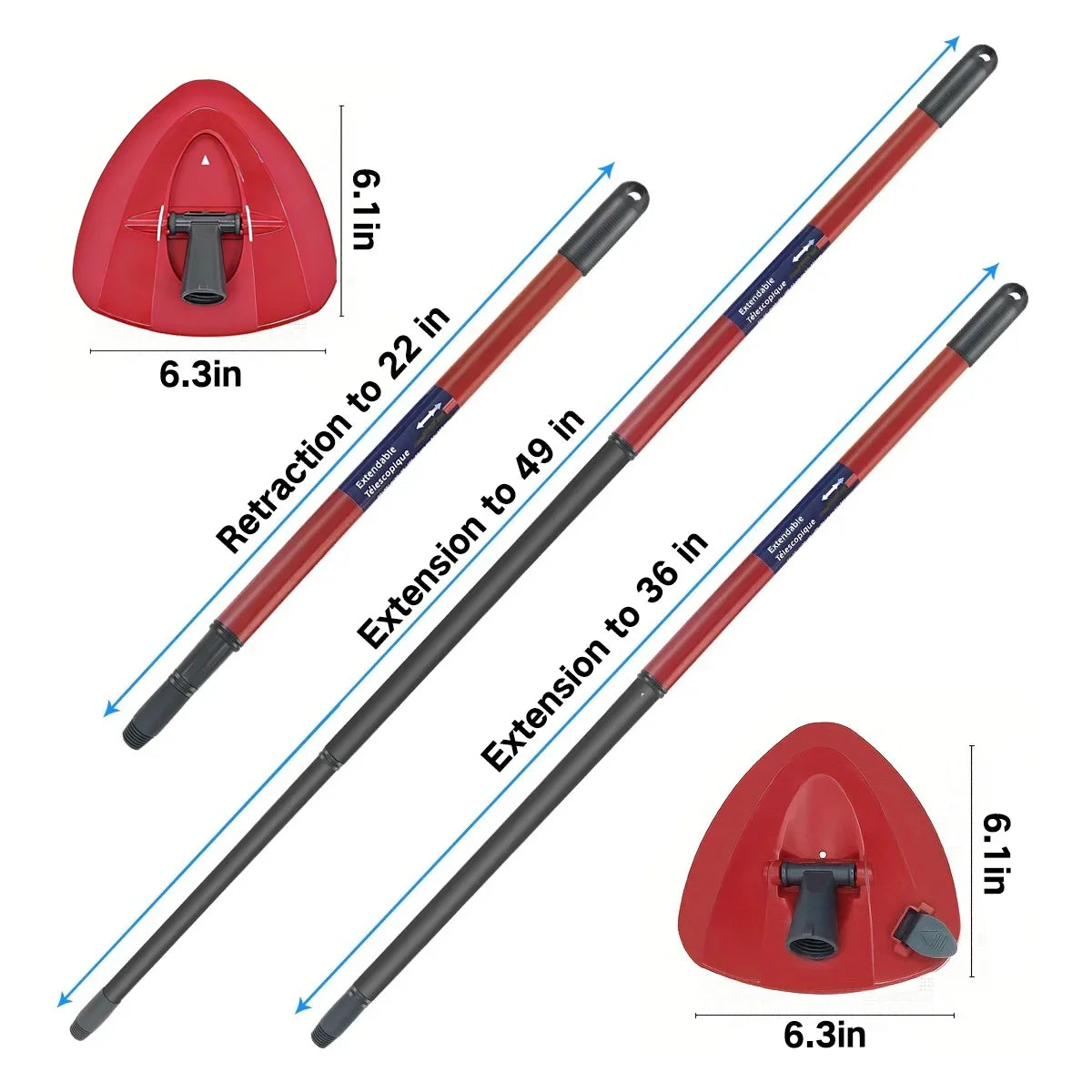 A red mop handle and base with a telescopic extension, showing various lengths.