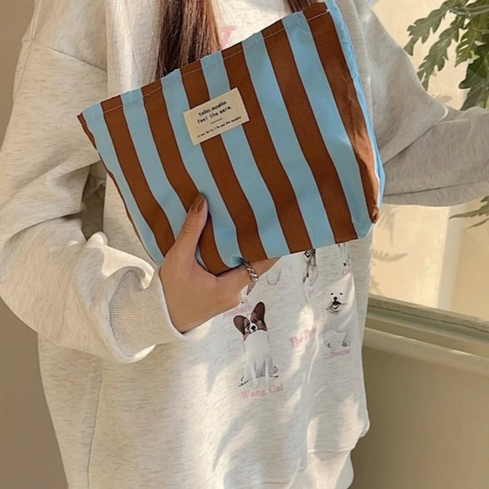 A brown and blue striped canvas cosmetic bag is held by a person wearing a light gray sweatshirt.