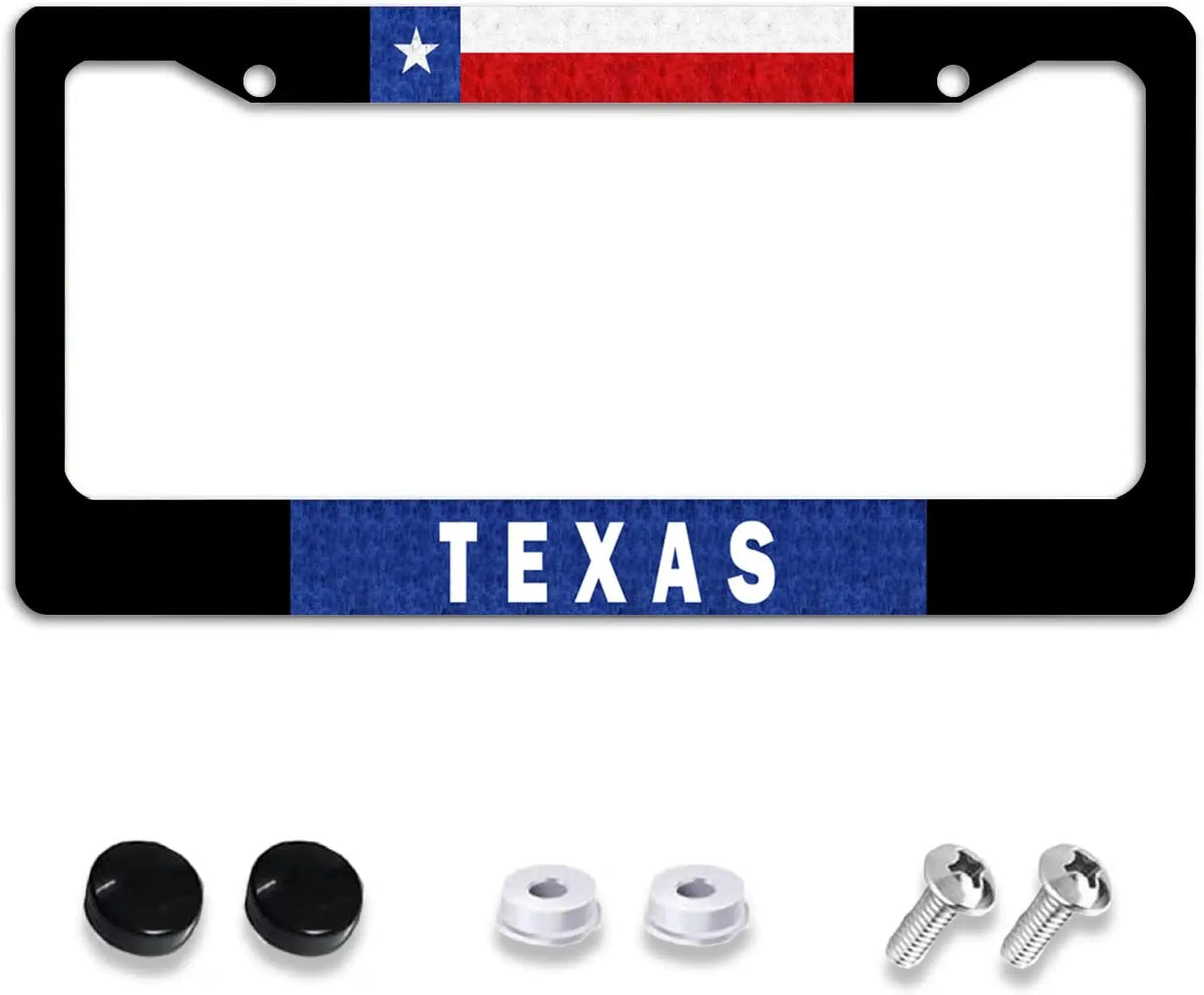 A license plate frame featuring the Texas flag design and the word TEXAS on a black background.