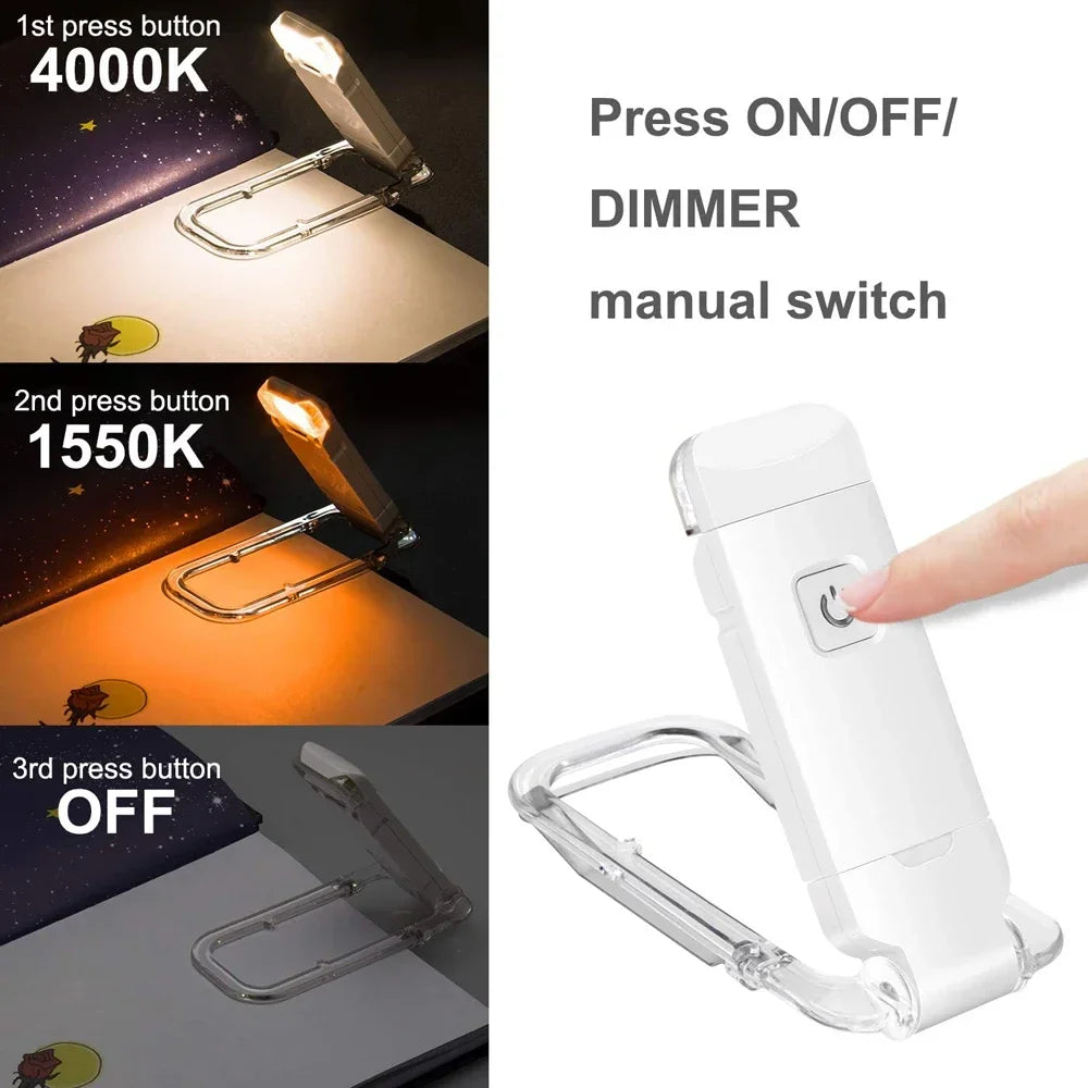 Luz de libro clip-on blanca con tres botones para funciones de encendido/apagado/atenuador en varios modos de iluminación.