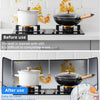 Before and after images showing the ease of cleaning a black and white cooking pot on a stovetop.