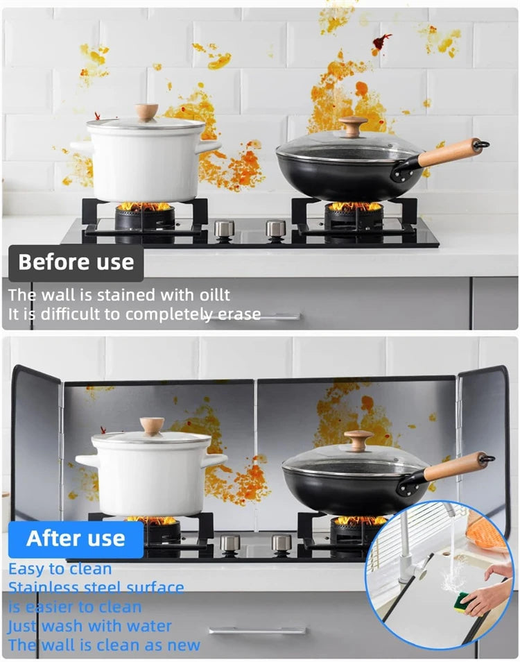 Before and after images showing the ease of cleaning a black and white cooking pot on a stovetop.