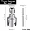 A silver thread restorer tool with a 1/2 inch size, shown in side view and top view.