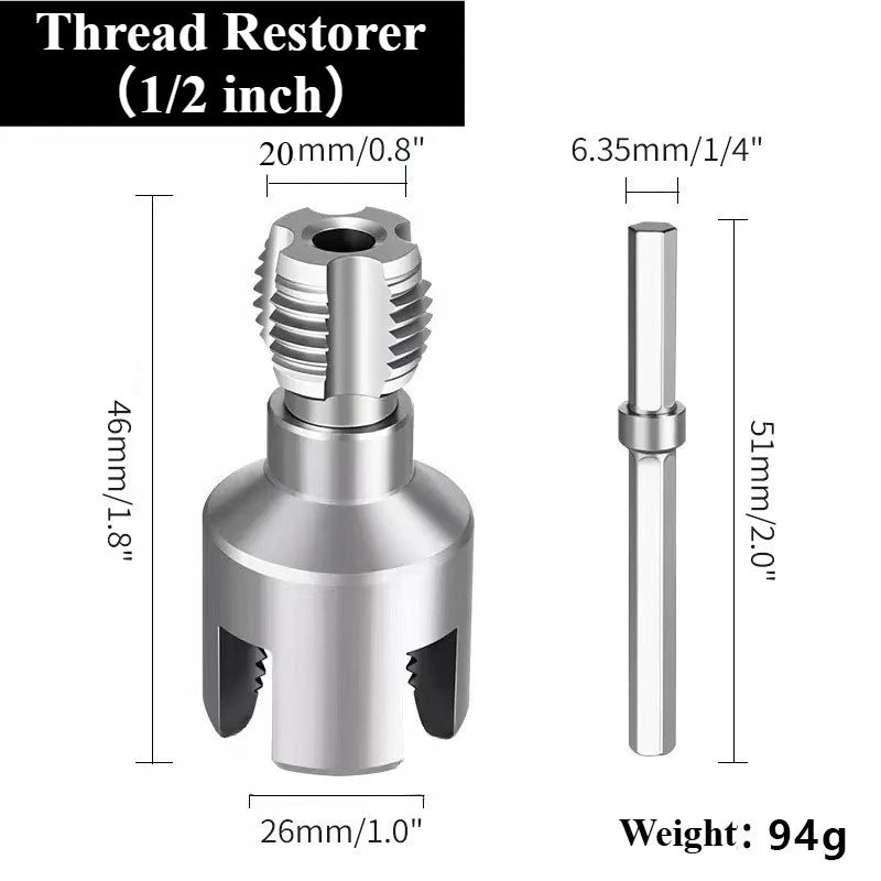 A silver thread restorer tool with a 1/2 inch size, shown in side view and top view.