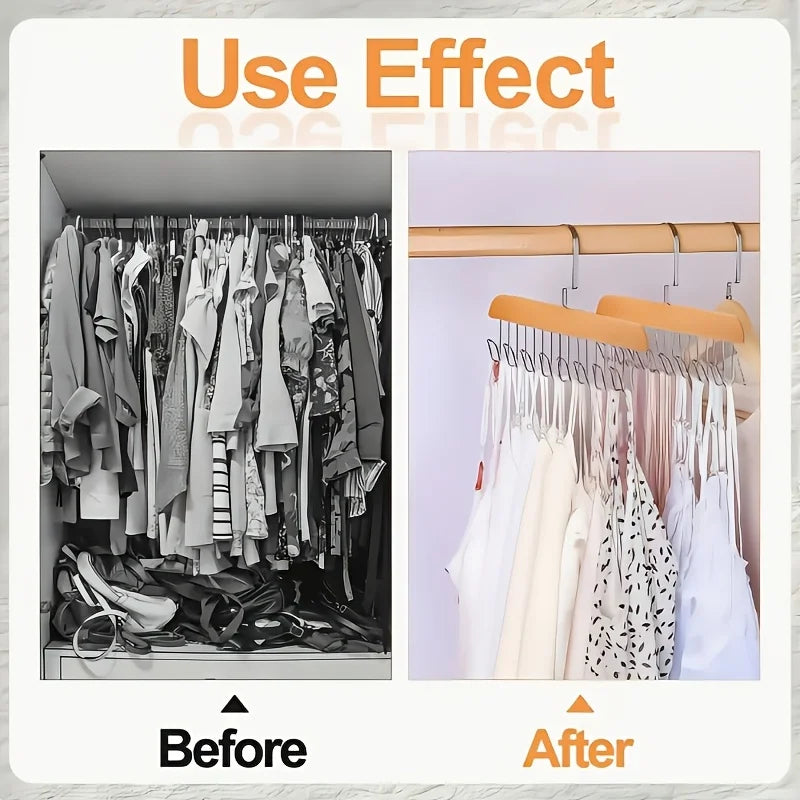 Before and after comparison showing the use effect of a wooden hanging clothes rack with multiple hooks for organizing clothi