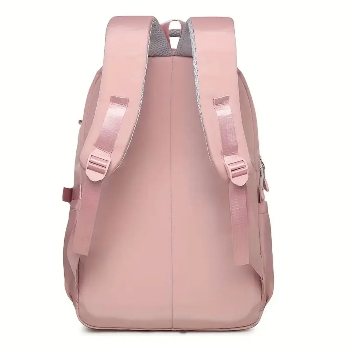 A pink backpack with gray straps shown from the back.