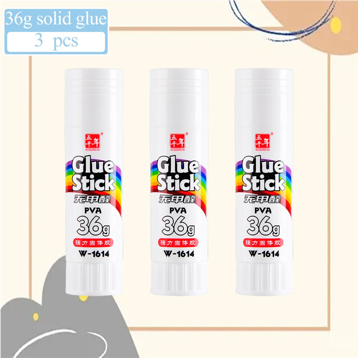 Three white Glue Stick containers showing 36g of PVA glue for crafts and office use