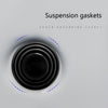 A close-up view of black shock-absorbing suspension gaskets arranged in concentric rings against a white background.