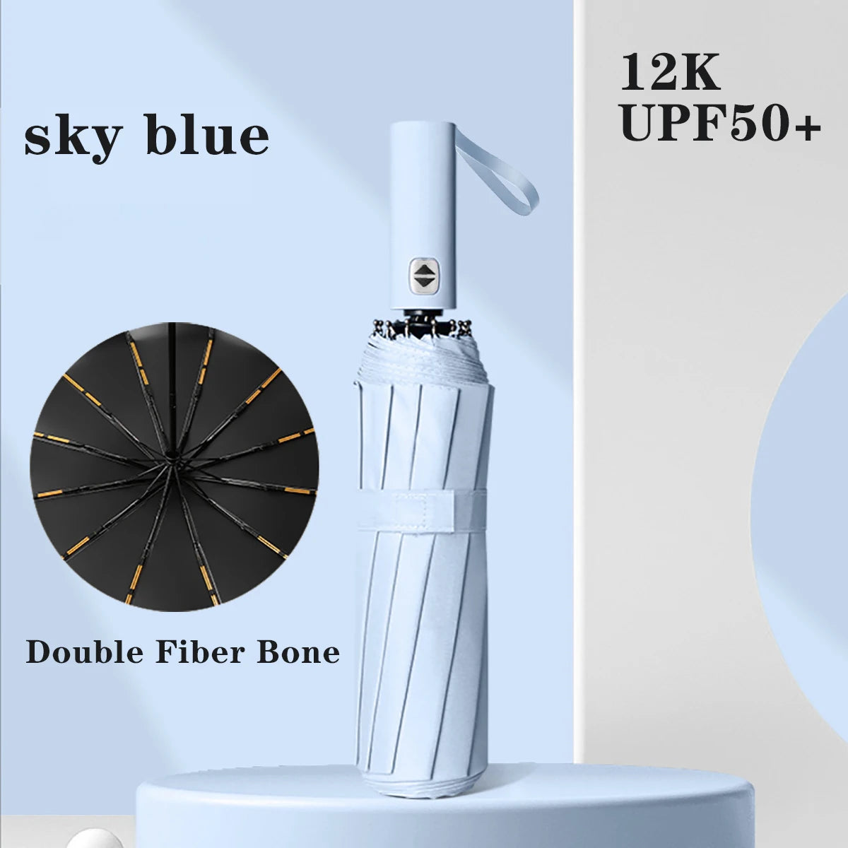 A light blue automatic compact folding umbrella with a double fiber bone design shown against a white background.