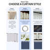 Three curtain style options showing rod pocket, grommet top, and hooks tape top installations.
