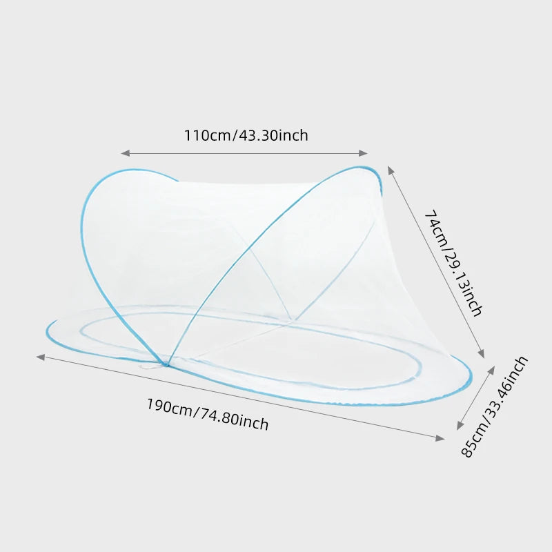 A translucent white pop-up mosquito net with a zip closure shown in an angled view.
