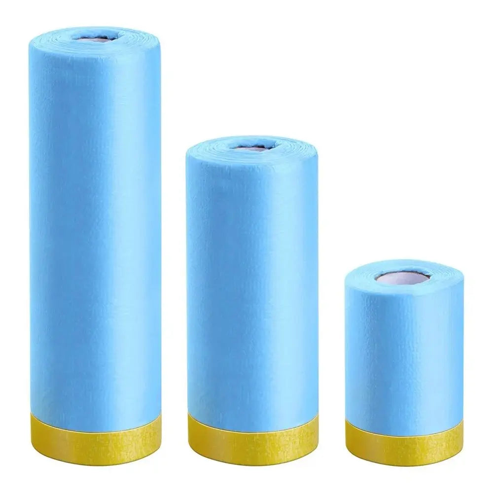 Three rolls of light blue pre-taped masking film for painting projects