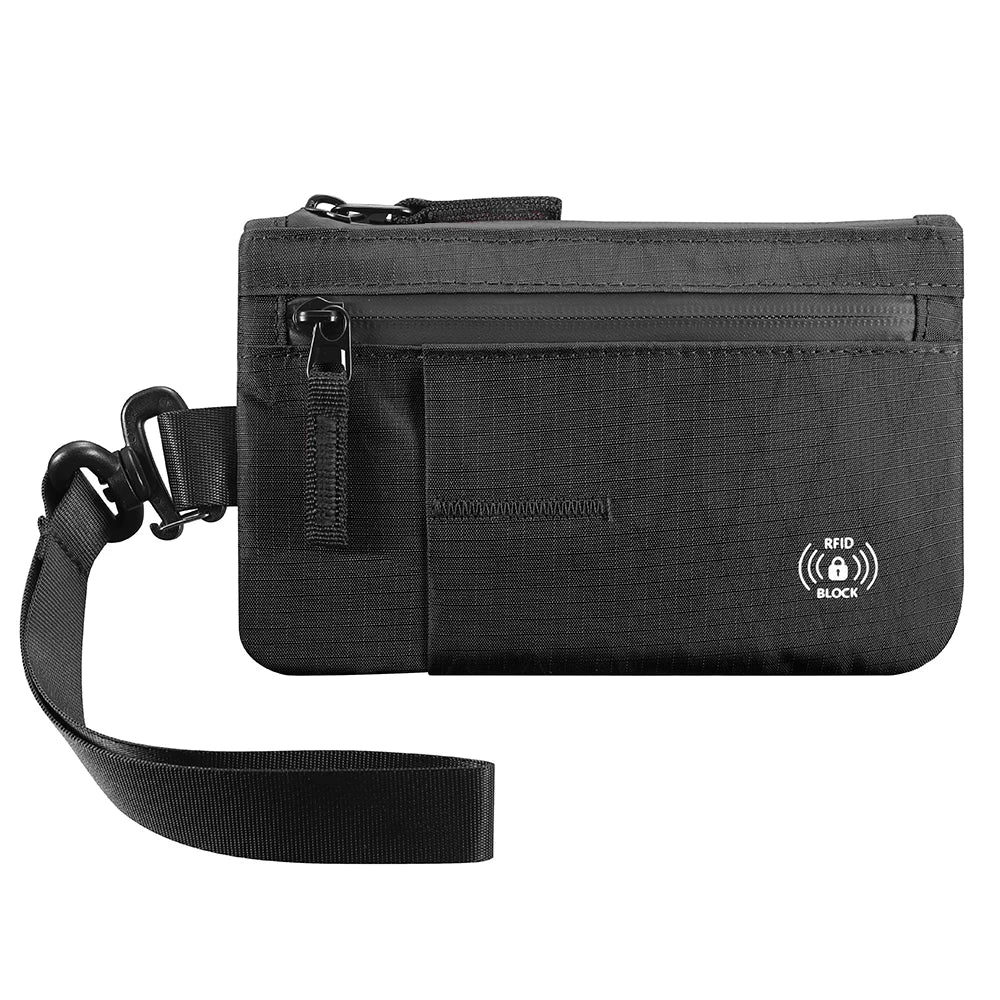 Portefeuille clutch noir fin anti-RFID avec sangle et icône de blocage RFID visible.