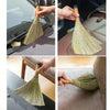 Close-up shots of a handmade natural grass broom being used for cleaning surfaces.