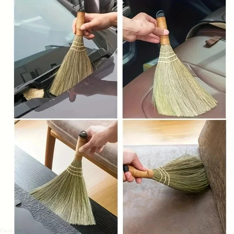 Close-up shots of a handmade natural grass broom being used for cleaning surfaces.