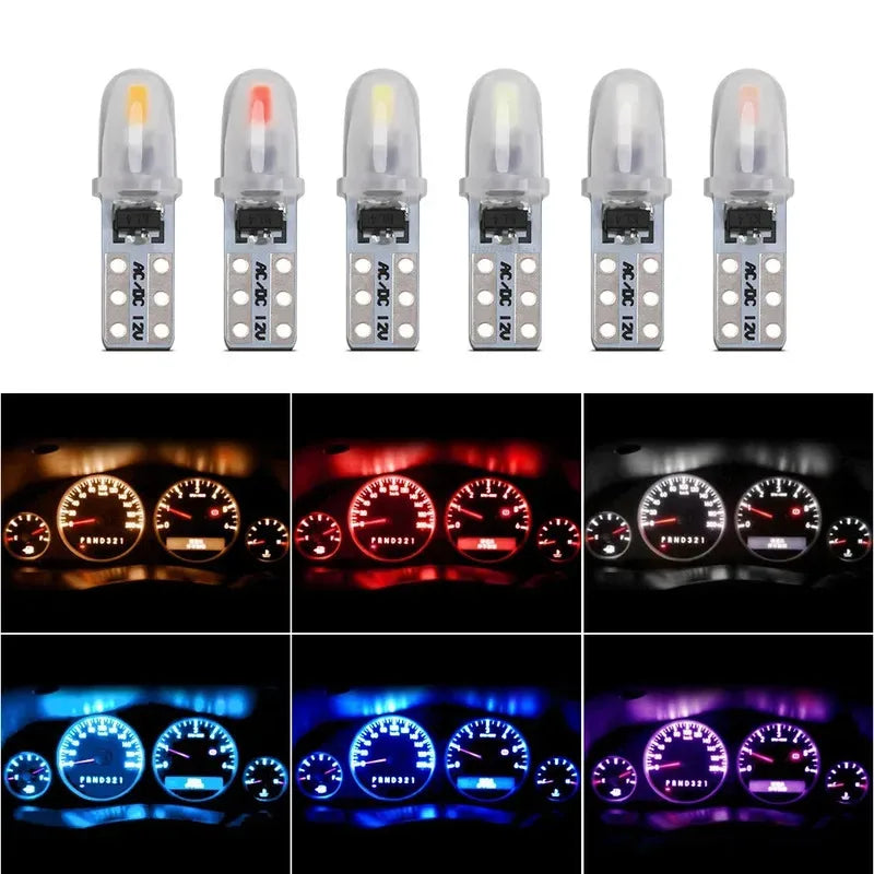 A row of twelve T5 wedge LED bulbs for dashboard, license plate, and interior lights, shown in various lighting conditions.