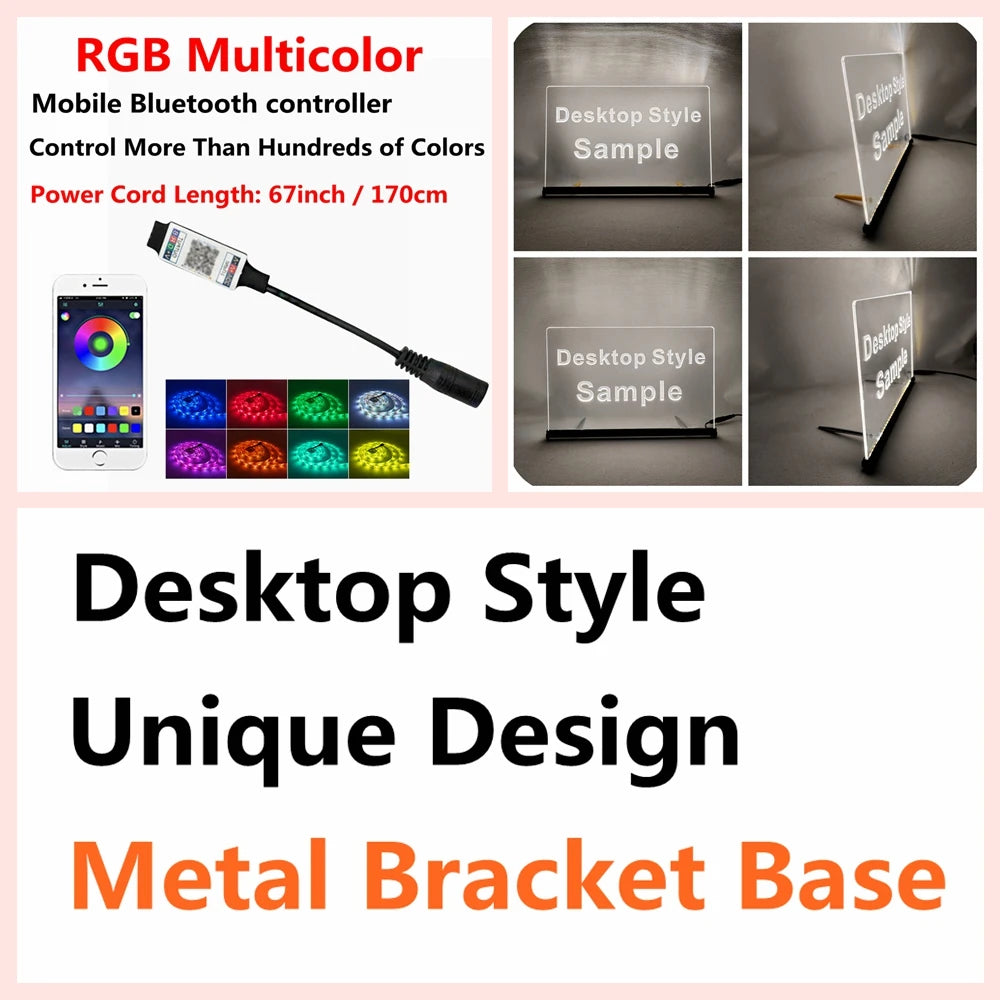 RGB Multicolor mobile Bluetooth controller and desktop style neon sign with a metal bracket base