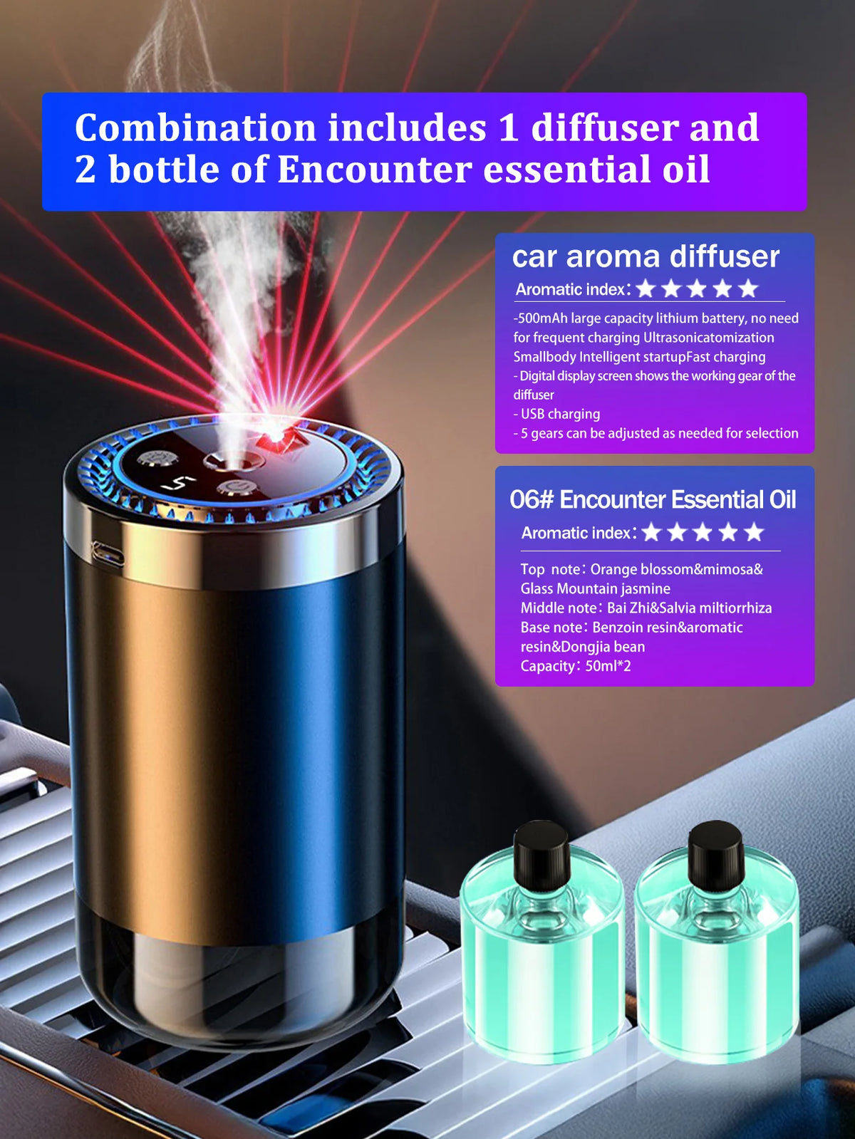 Diffuseur d'arôme USB portable pour voiture avec un jet de brume, à côté de deux flacons d'huile essentielle.