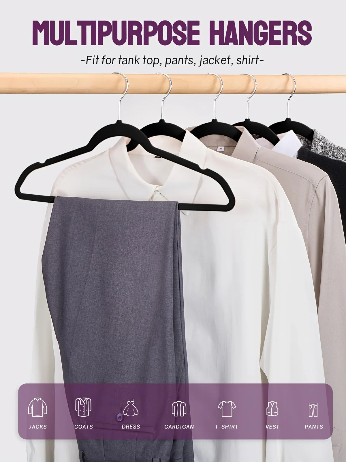 Multipurpose hangers for various clothing items like tanks, pants, jackets, and shirts displayed on a wooden hanger.