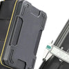 A close-up view of a gray heavy-duty waterproof tool organizer bag with textured panels and yellow stitching.