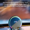 A dual buckle automatic tightening car phone holder with an RGB ambient light resting on a car dashboard.
