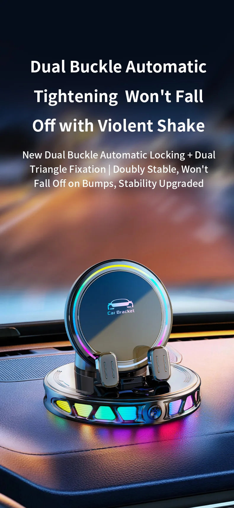 A dual buckle automatic tightening car phone holder with an RGB ambient light resting on a car dashboard.