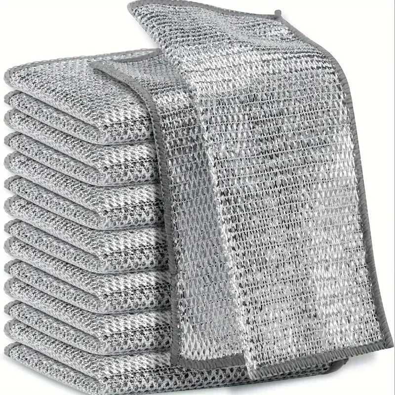 Stack of gray double-layer microfiber cleaning cloths for kitchen