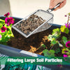 A hand is using a stainless steel mesh sieve to filter large soil particles into a plant pot.