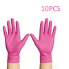 Ten pairs of pink nitrile disposable gloves shown on a white background.