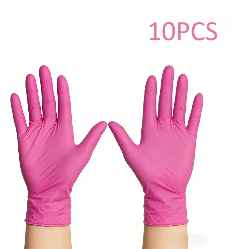 Ten pairs of pink nitrile disposable gloves shown on a white background.