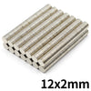 Nahaufnahme einer Reihe silberner zylindrischer Permanentmagnete mit 12x2 mm Abmessungen.