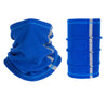 Blue reflective polar fleece neck warmer shown in two views, one folded and one rolled.