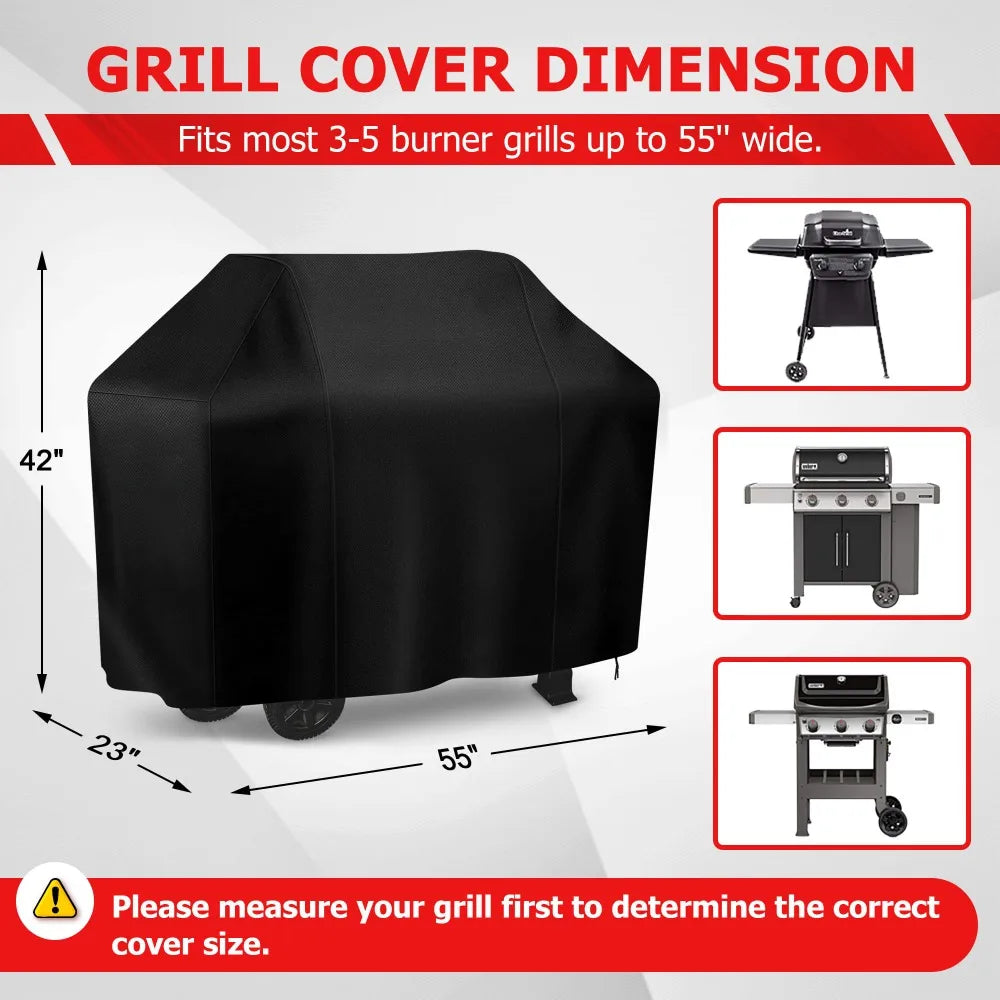 Black grill cover dimensions showing fit for 3-5 burner grills up to 55 inches wide.